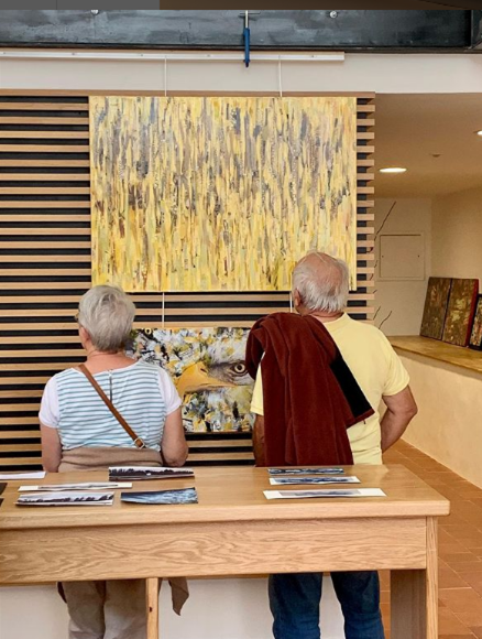 Deux visiteurs observant de près un grand tableau.